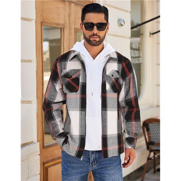 Men Flannel Jackets Full Zip Up Plaid Shirt Shackets Cotton Lightweight Jackets - Picture 3 of 6